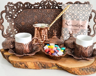 Turkish Coffee Cup Set for 2 with Copper Coffee Pot , Arabic Coffee Set, Coffee Serving Set, Espresso Serving Set, Serving Tray, 13 Pieces.