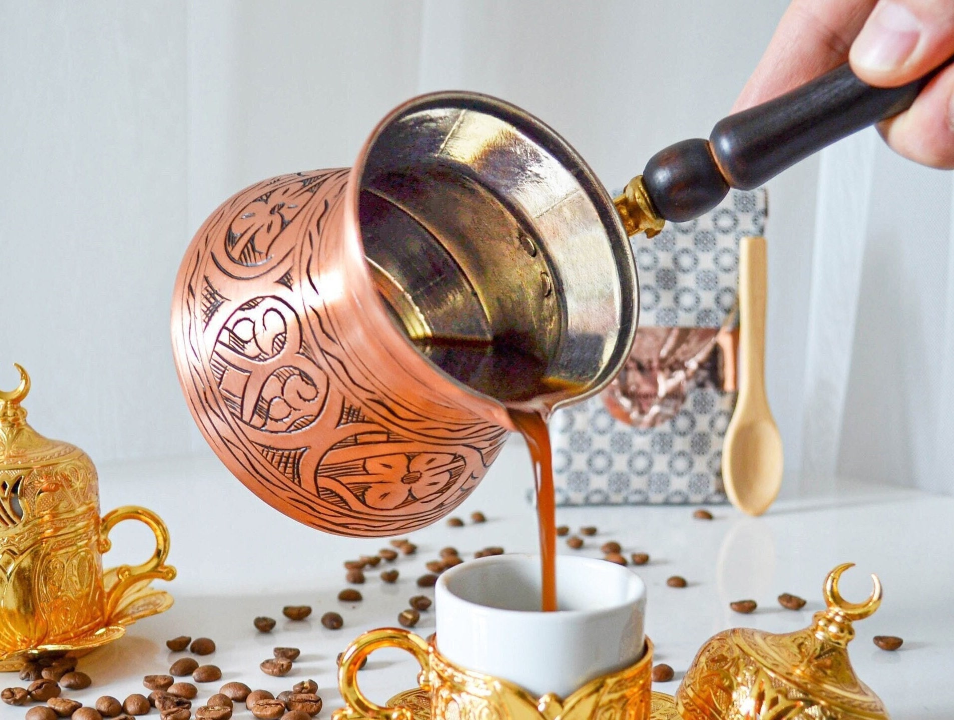 14 Oz Copper Turkish Coffee Pot Greek Arabic Cezve Ibrik Briki Wooden  Handle