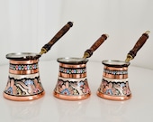 Coffee Pot Set of 3, Turkish Copper Coffee Pot with Wooden Handle, Hand-Crafted and Painted Premium Copper Pot