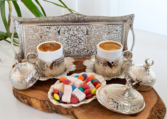 Turkish Coffee Cup Set for 2 With Copper Coffee Pot , Arabic Coffee Set,  Coffee Service Set, Espresso Serving Set, Turkish Serving Tray. 