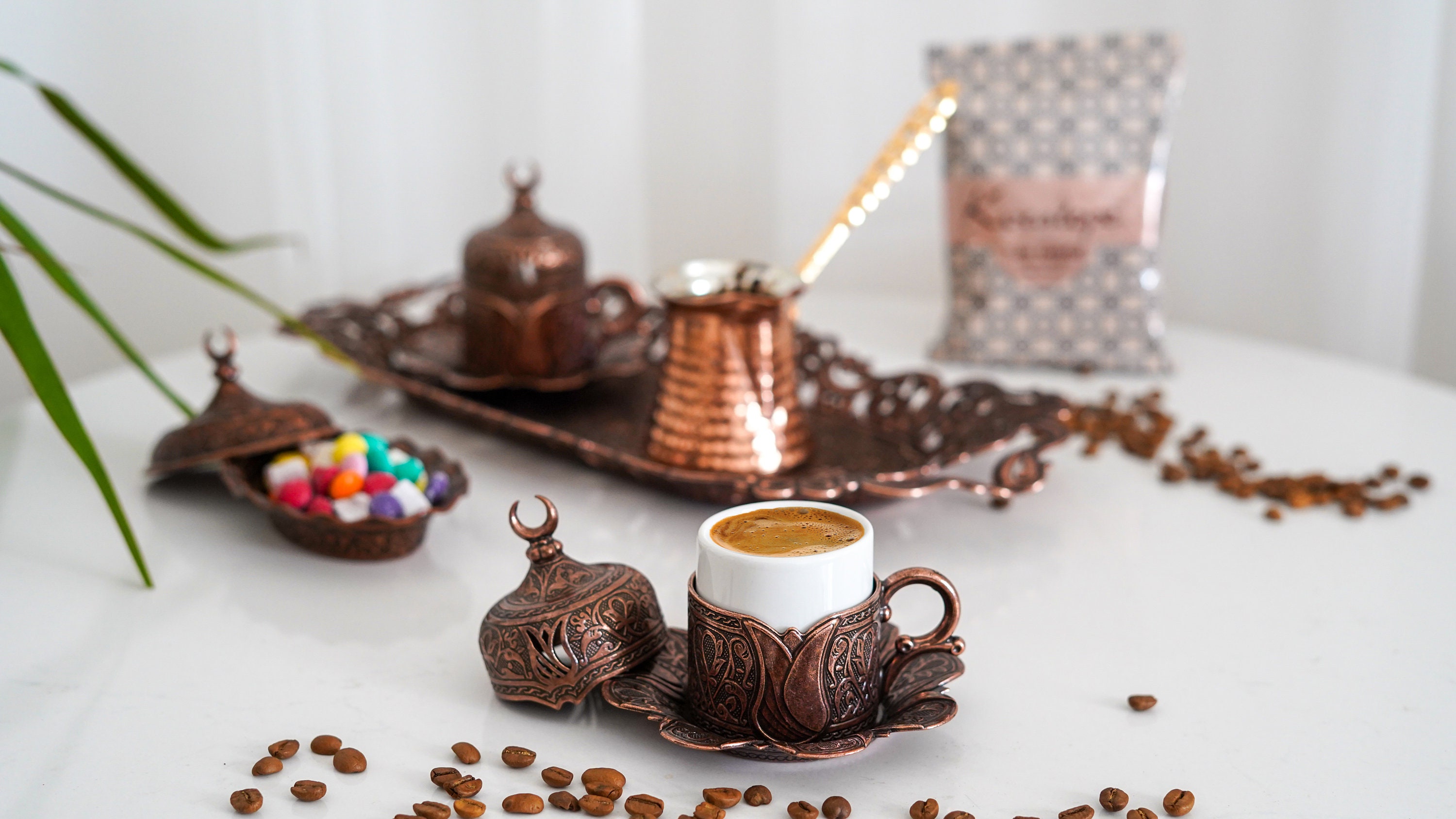  Turkish Copper Coffee Set for 2, Arabic Greek Coffee Serving  Set, Espresso Service Tray, Pure Copper Coffee Cups.. : Home & Kitchen