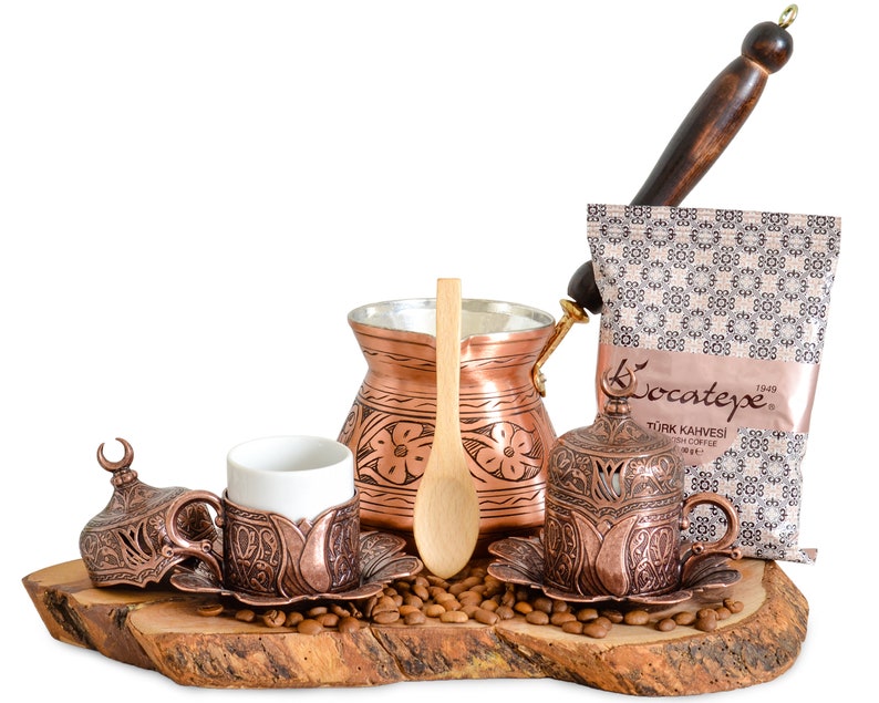 Turkish Coffee Set, Coffee Cup Set of 2, Coffee Serving Set, Copper Coffee Pot, Arabic Turkey Coffee Service Set, Wooden Spoon. image 2
