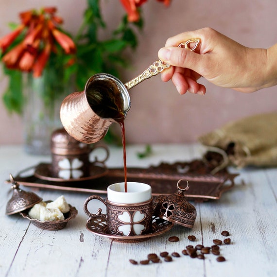 Turkish Coffee Set of Six, Coffee Cup Set 6, Coffee Serving Set, Copper Coffee  Pot, Coffee Service Tray Set, Silver Coffee Cup. 