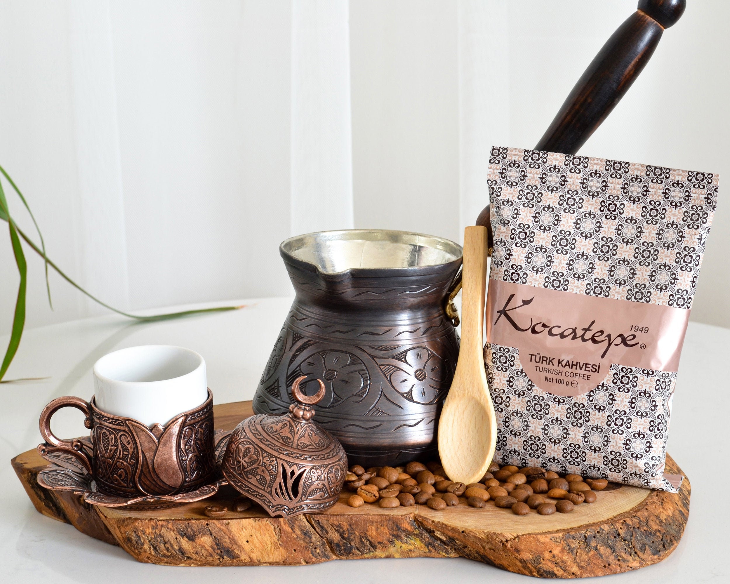 Traditional Turkish Coffee Cups with Wooden Handle Copper Coffee Pot