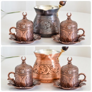 Turkish Coffee Set, Coffee Cup Set of 2, Coffee Serving Set, Copper Coffee Pot, Arabic Turkey Coffee Service Set, Wooden Spoon. image 3