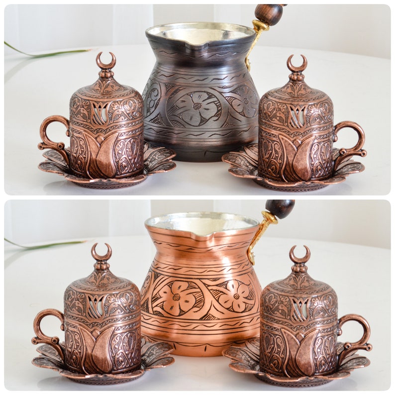 Turkish Coffee Set, Coffee Cup Set of 2, Coffee Serving Set, Copper Coffee Pot, Arabic Turkey Coffee Service Set, Wooden Spoon. image 3