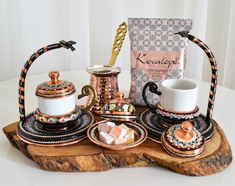Luxury Turkish Copper Coffee & Espresso Set for 2 , Arabic Coffee Serving Set with Copper Coffee Pot, Turkey Coffee Cup Set, 12 Pieces.