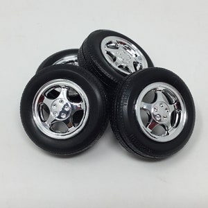 5 Spoke Chrome Custom Model Car Junkyard Wheel & Tire Set #E151