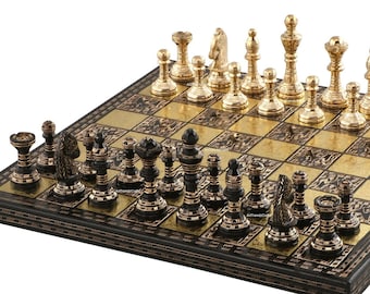 Handcrafted Brass Chess Set: Luxury Gold & Black Finish, 12" Board