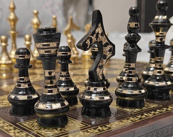 Handmade Brass Chess Set: Engraved Luxury Board, Weighted Pieces, Board Size 12 Inches