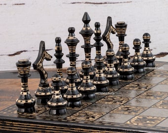 Handmade Brass Chess Set: Engraved Vintage Design, 12-Inch Board