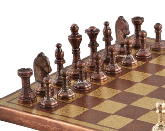 Juego de ajedrez de latón artesanal: estilo egipcio, tablero de 30 cm, caja de terciopelo
