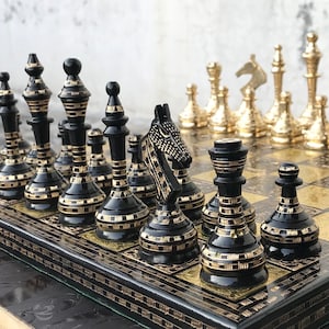 Handgemaakte schaakbordset | Luxe schaakbord | Cadeau voor hem | Zwaar schaken voor verjaardag/verjaardag met zwarte kunstleren doos/rode doos