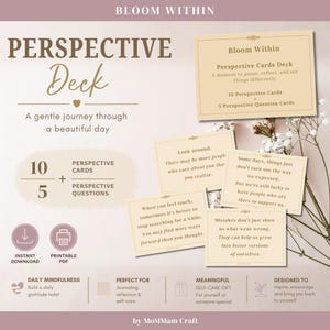 Puede incluir: Un juego de cartas Perspective Deck que incluye 10 tarjetas de perspectiva y 5 tarjetas de preguntas con texto sobre un fondo claro. Las tarjetas incluyen frases como Look around, There may be more people who care about you.