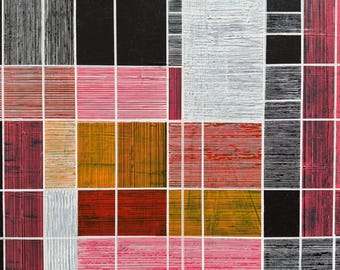 Original Geometric Abstract Painting - Spring Plaid Canvas Art, Modern Fine Line Grid Wall Decor, Colorful Board Game Inspired Artwork