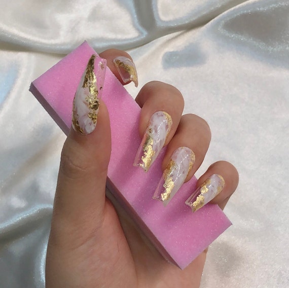 Matte Mauve Press on Nails With Rose Gold Foil Flakes Press-on Nails  Handmade Nails Long Coffin Nails 