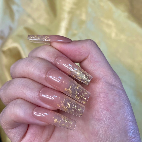 Nude Clear Ombre Apres Gel X Press on Nails Gold Flakes Short Medium Long  Extra Long and Coffin Stiletto Square Round Shiny Matte Handmade 