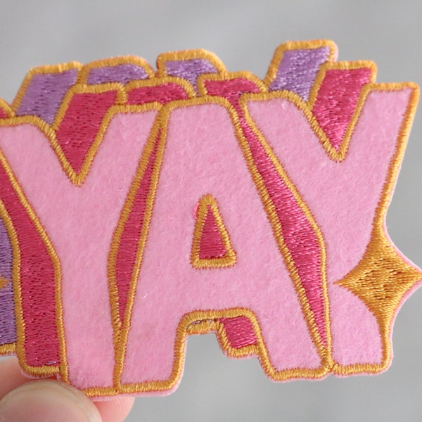 YAY, pink,Glitter,iron on patch ,embroidered patch,sew on patch,applique,