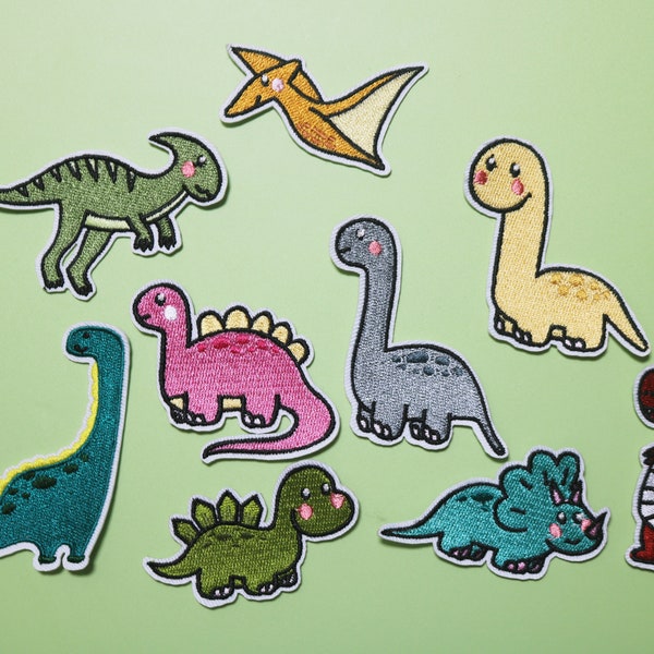 a set of 9 cute dinosaurs patches, T-rex, pterosaur iron on patch,embroidered patch, patch for jacket, sew on patch, gorgeous patch,