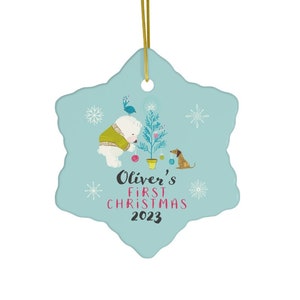 Personalised Baby&#39;s First Christmas Pink or Blue Hanging Ceramic Star Ornament Cute Bear Dog and Bird Decoration Christmas Tree Gift