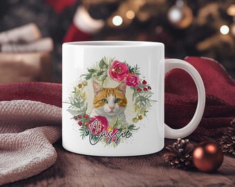 Custom Watercolour Pet Mug with Christmas Floral Wreath: Personalised Cat, Dog, Other Animal Ceramic Mug, Gift for Pet Lovers, 11oz or 15oz