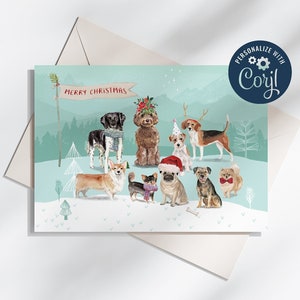Cartolina di Natale stampabile con cani nella neve modificabile su Corjl Cartolina di buon Natale Carta di cani festivi dell'acquerello Download digitale istantaneo