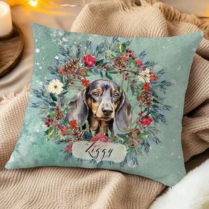 DACHSHUND Christmas Dog Pillow, Dog Cushion Cover, Watercolour Dog Cushion, Reversible Personalised Dog Cushion, Custom Sausage Dog Pillow