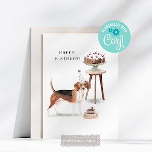 Printable Beagle Dog Birthday Cake Card Editable on Corjl Happy Birthday Card Watercolour Beagle Dog Lover Card Instant Digital Download
