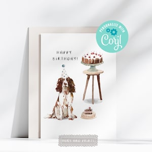 Printable Brown English Springer Spaniel Dog Birthday Cake Card Editable Corjl Watercolour Black Spaniel Dog Card Instant Digital Download