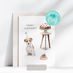 Carte de gâteau d'anniversaire Jack Russell aux cheveux métalliques imprimable modifiable sur Corjl Carte de joyeux anniversaire Carte Jack Russell aquarelle en téléchargement numérique