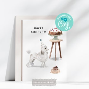 Printable White Poodle Dog Birthday Cake Card Editable on Corjl Happy Birthday Card Watercolour White Poodle Dog Card Digital Download