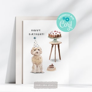 May include: A watercolor illustration of a dog wearing a blue and white party hat, standing in front of a cake on a table. The text "Happy Birthday!" is above the dog. The text "Cory!" is in a circle with gears and the text "Personalize with" above it. The text "Hugs and Prints" is at the bottom of the image.