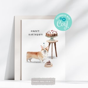 Carte de gâteau d’anniversaire imprimable Corgi Dog modifiable sur Corjl Happy Birthday Card Aquarelle Corgi Dog Lover Card Téléchargement numérique instantané