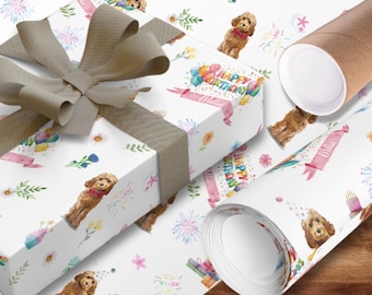 Custom Golden Cockapoo Dog Birthday Gift Wrap Rolls, Personalised Watercolour Dog Happy Birthday Wrapping Paper, 28x39", 28x79" 28x120" Roll