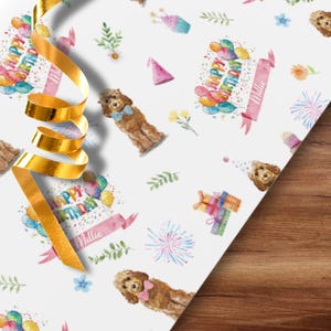 DIGITAL DOWNLOAD Custom Golden Cockapoo Birthday Gift Wrap Design, Personalised Watercolour Dog Happy Birthday Paper A4 Craft Paper Sample