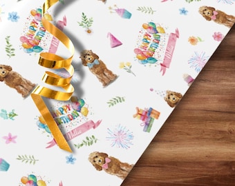 DIGITAL DOWNLOAD Custom Golden Cockapoo Birthday Gift Wrap Design, Personalised Watercolour Dog Happy Birthday Paper A4 Craft Paper Sample
