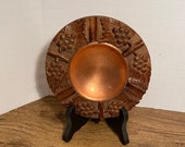 Vintage Hand Carved Wood and Copper Ashtray Trinket Candy Dish Grape and Leaf Motif