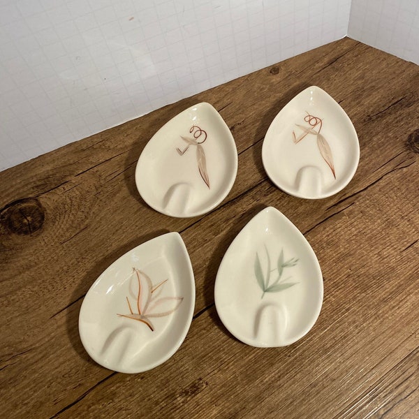 Set of 4 Mid Century Modern – Winfield Pottery Individual Leaf Shaped Ashtrays – Hand Painted  Bamboo  Dragon Flower  Passion Flower Designs