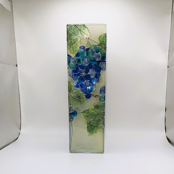 Vintage Joan Baker Designs Stained Glass Square Cylinder Vase – Grapes on Vines