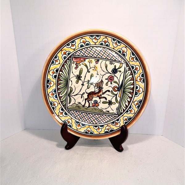 Hand Painted and Signed Plate with Dog and Flowers Nazari Portugal Vintage Home Décor Folk Art