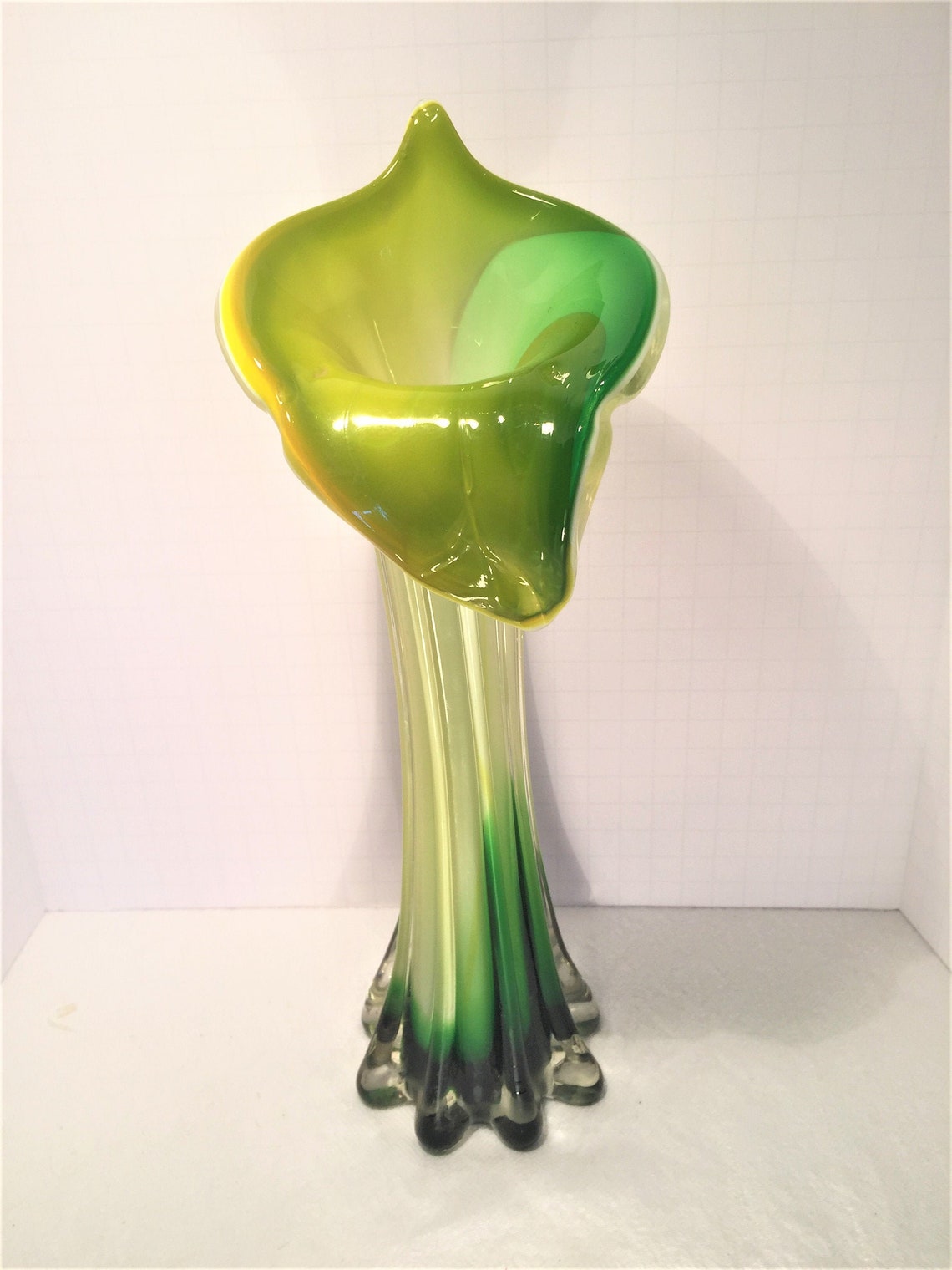 Murano style art glass Calla Lily vase green and yellow Etsy