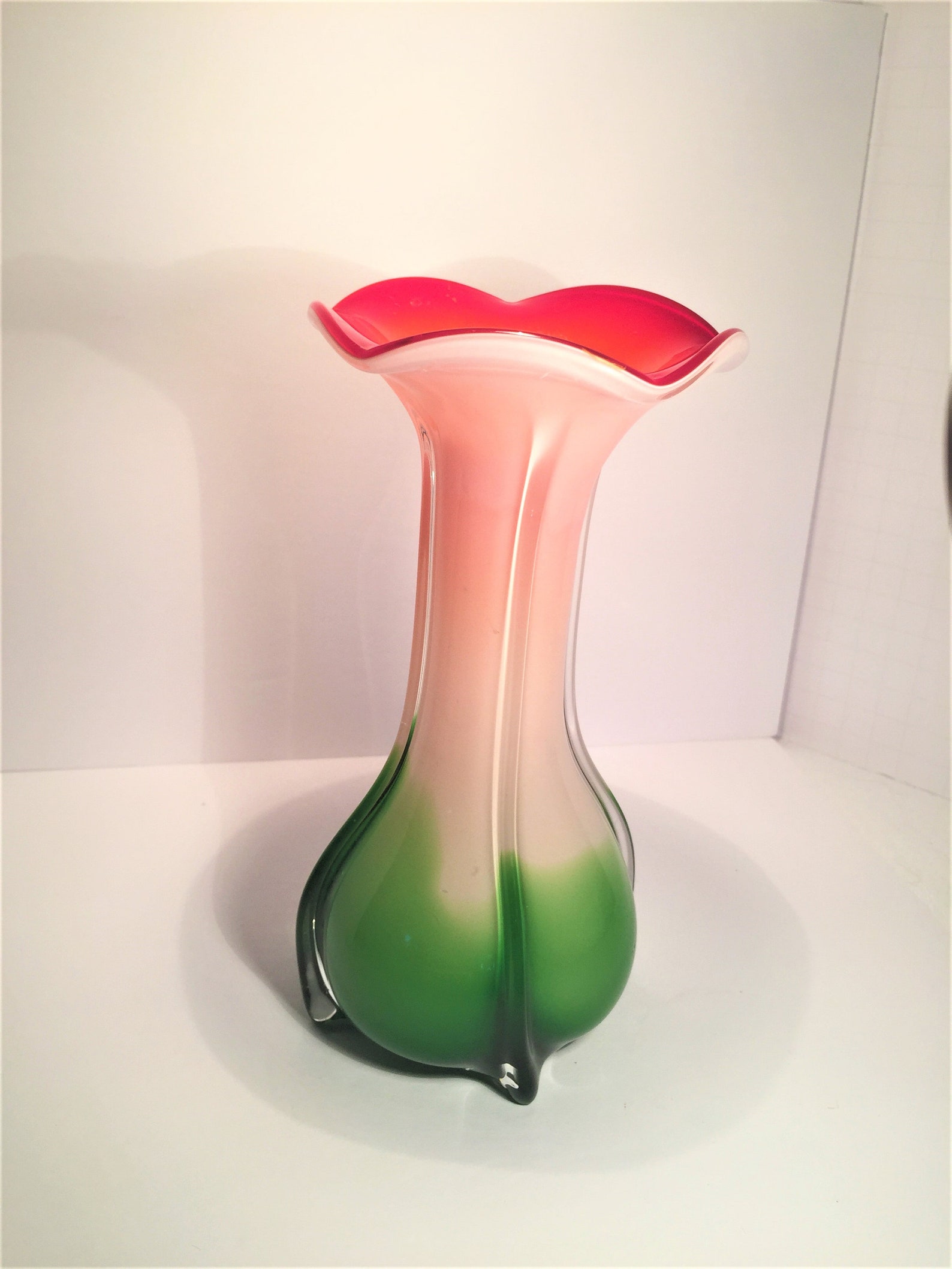 Vintage Art Glass Trumpet Flower Vase red floral with green Etsy