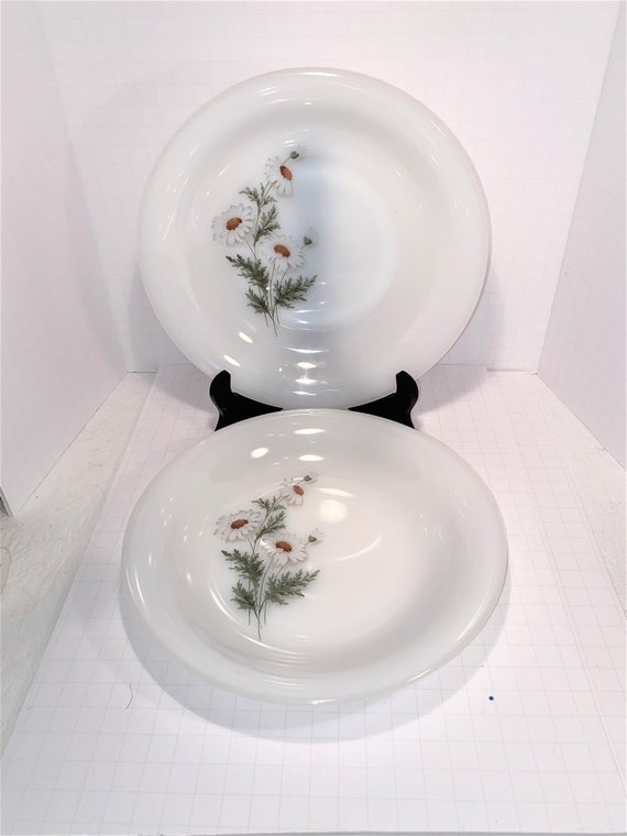 Pair 2 of Vintage Arcopal France Milk Glass Plates 8.5 1970s Daisy Floral  Design 