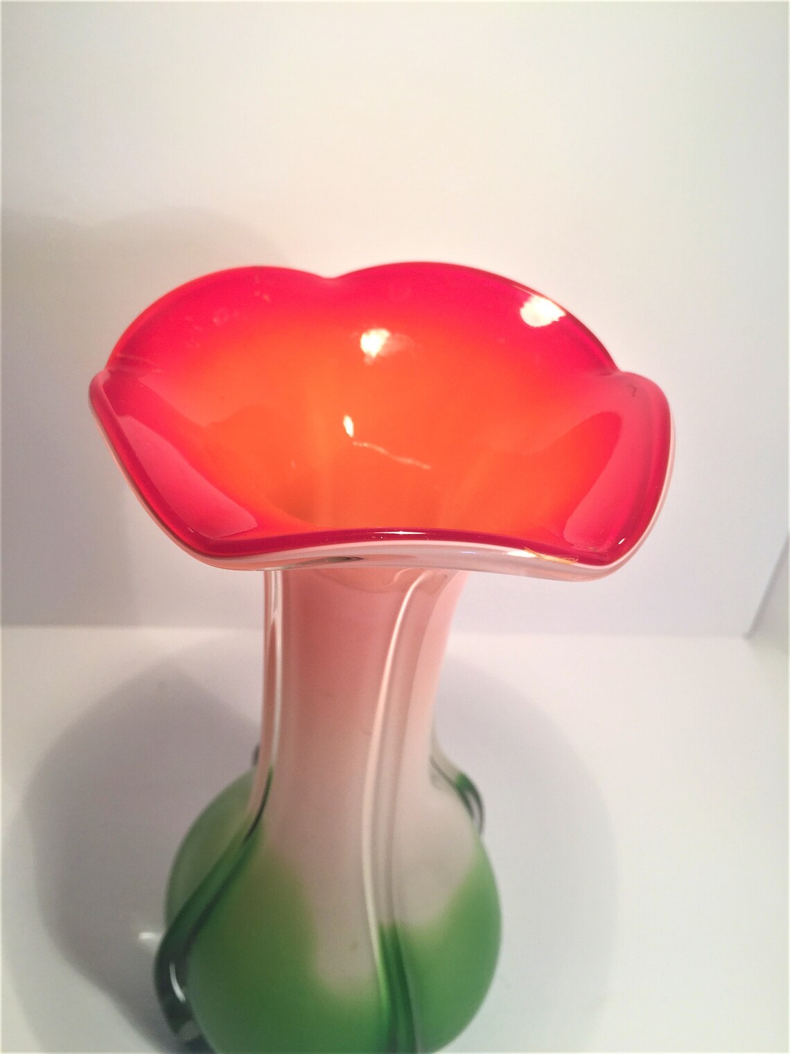 Vintage Art Glass Trumpet Flower Vase red floral with green Etsy