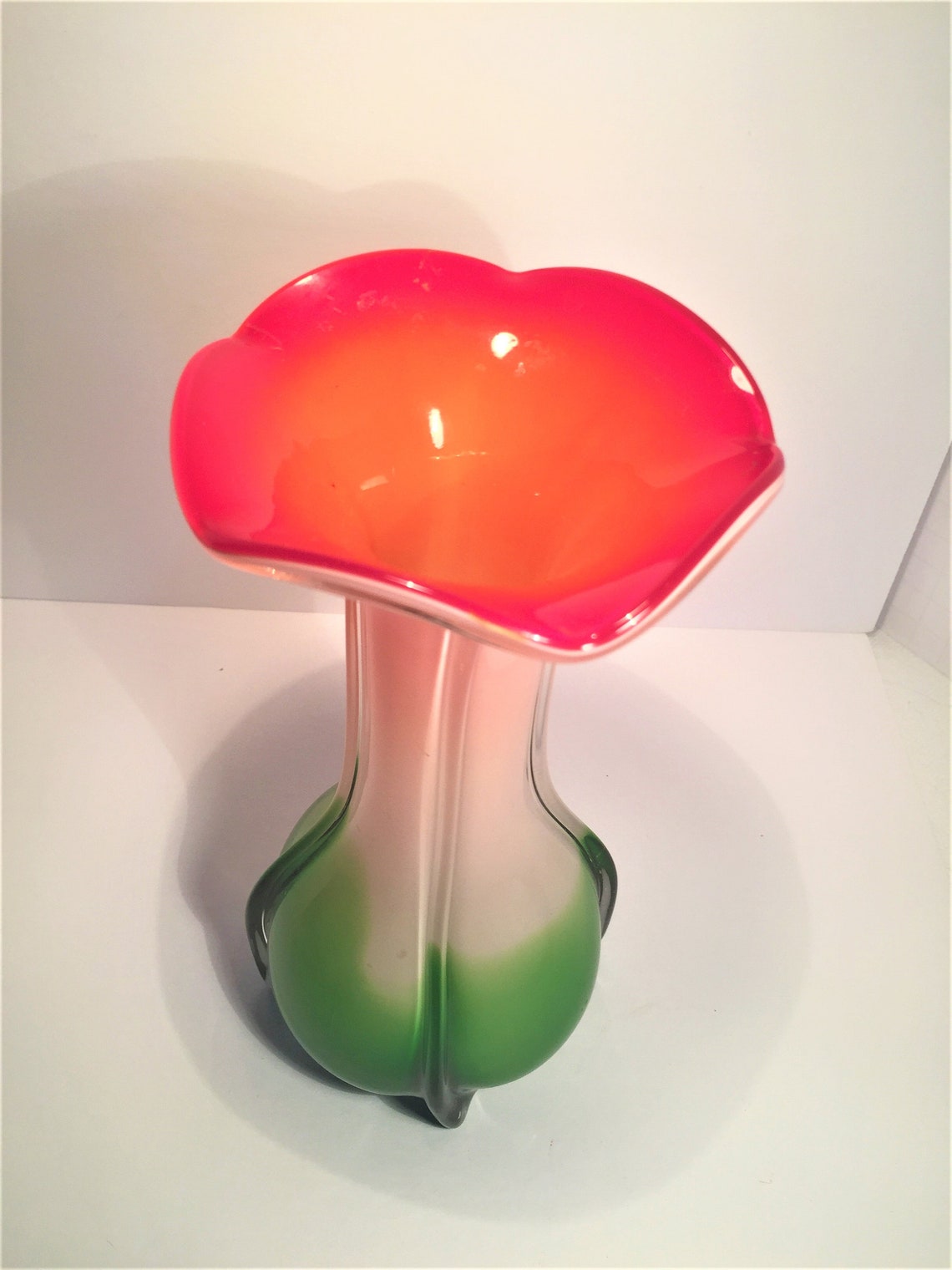 Vintage Art Glass Trumpet Flower Vase red floral with green Etsy