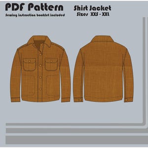 Op de afbeelding: Een bruin shirtjack-naaipatroon in PDF-formaat. Het patroon omvat de maten XXS tot XXL. De afbeelding toont een voor- en achterkant van het jack.