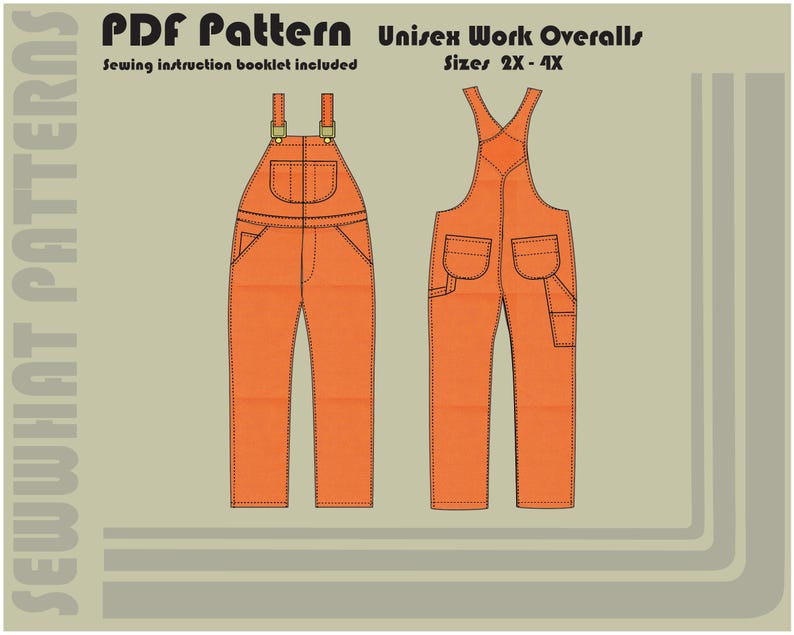 May include: A digital sewing pattern for unisex work overalls in sizes 2X to 4X. The pattern is illustrated in orange and includes a sewing instruction booklet.