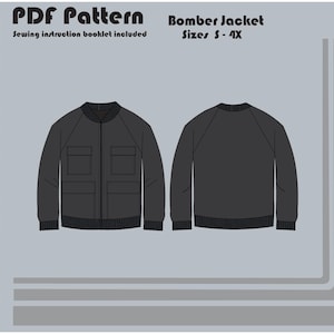May include: A digital PDF pattern for a bomber jacket, sizes S-4X. The illustration shows the front and back views of a dark gray bomber jacket with two front pockets, a ribbed collar, cuffs, and hem. The text "PDF Pattern" and "Sewing instruction booklet included" are also visible.
