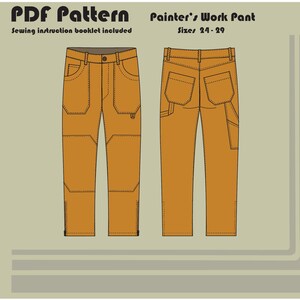 Op de afbeelding: Een PDF-patroon voor een schildersbroek. Het patroon bevat naaianwijzingen en is verkrijgbaar in de maten 24-29.