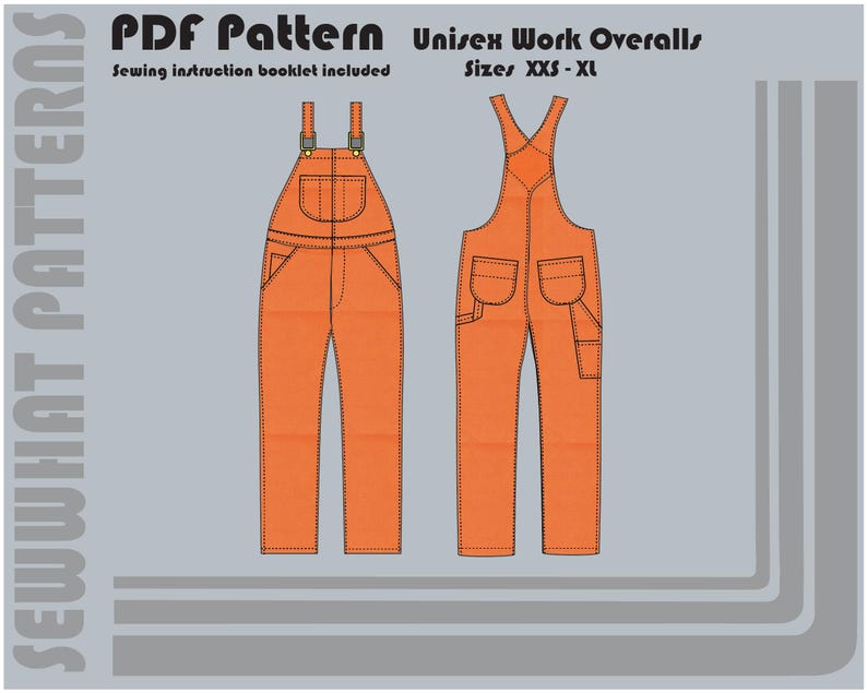 May include: A digital sewing pattern for unisex work overalls. The pattern includes instructions for sizes XXS to XL. The overalls are shown in orange.